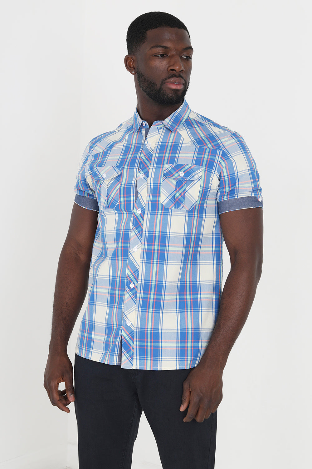 Brave Soul Blue Cotton Short Sleeve Check Shirt - Blue Image 1