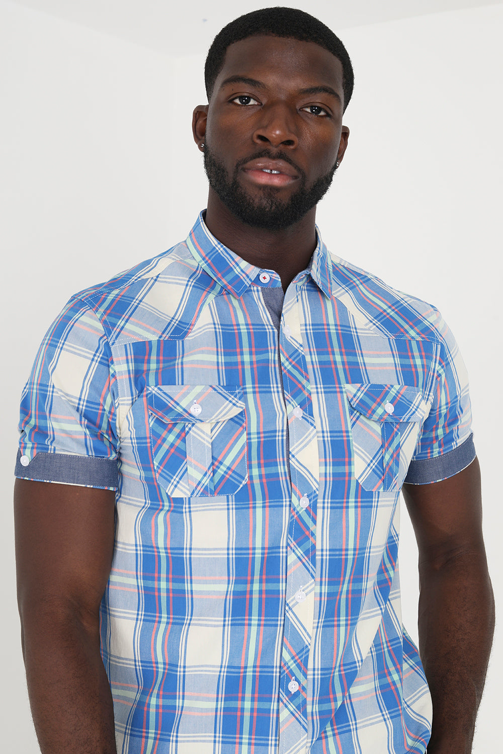 Brave Soul Blue Cotton Short Sleeve Check Shirt - Blue Image 3