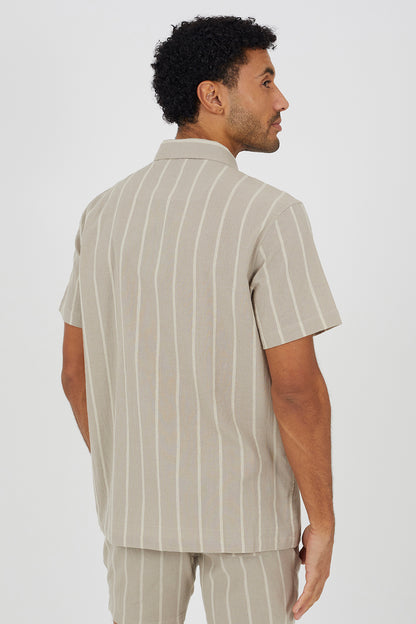 Brave Soul Stone Cotton Short Sleeve Stripe Shirt With Linen - Stone Image 2