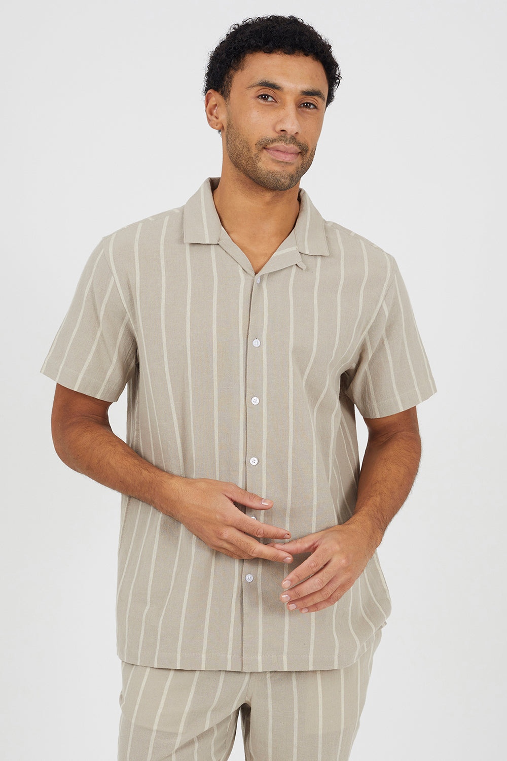 Brave Soul Stone Cotton Short Sleeve Stripe Shirt With Linen - Stone Image 1