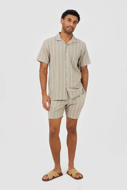 Brave Soul Stone Cotton Short Sleeve Stripe Shirt With Linen - Stone Image 3