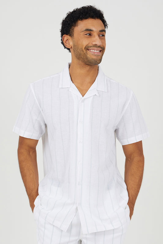 Brave Soul White Cotton Short Sleeve Stripe Shirt With Linen - White Image 1