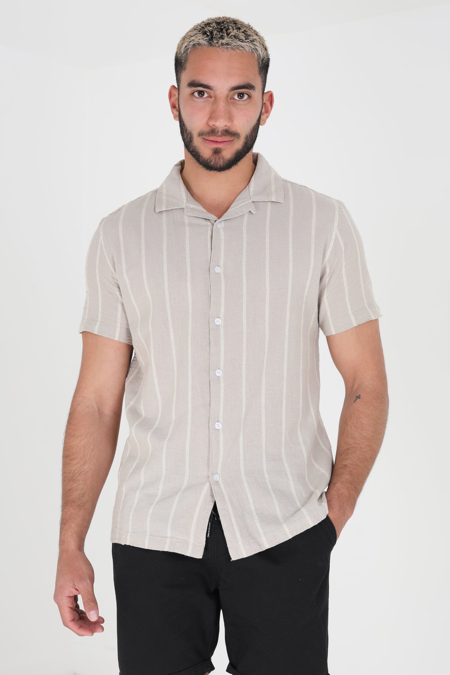 Brave Soul Stone Cotton Short Sleeve Stripe Shirt With Linen - Stone Image 1