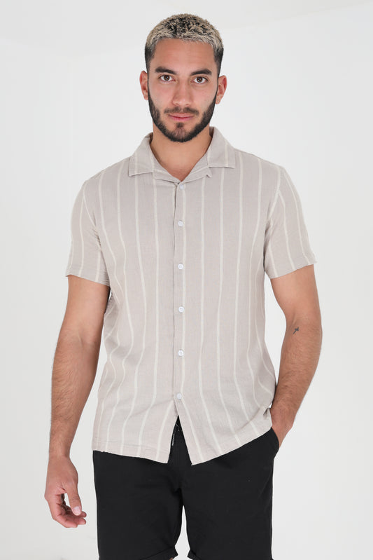 Brave Soul Stone Cotton Short Sleeve Stripe Shirt With Linen - Stone Image 1