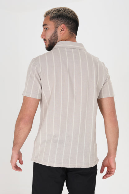 Brave Soul Stone Cotton Short Sleeve Stripe Shirt With Linen - Stone Image 2