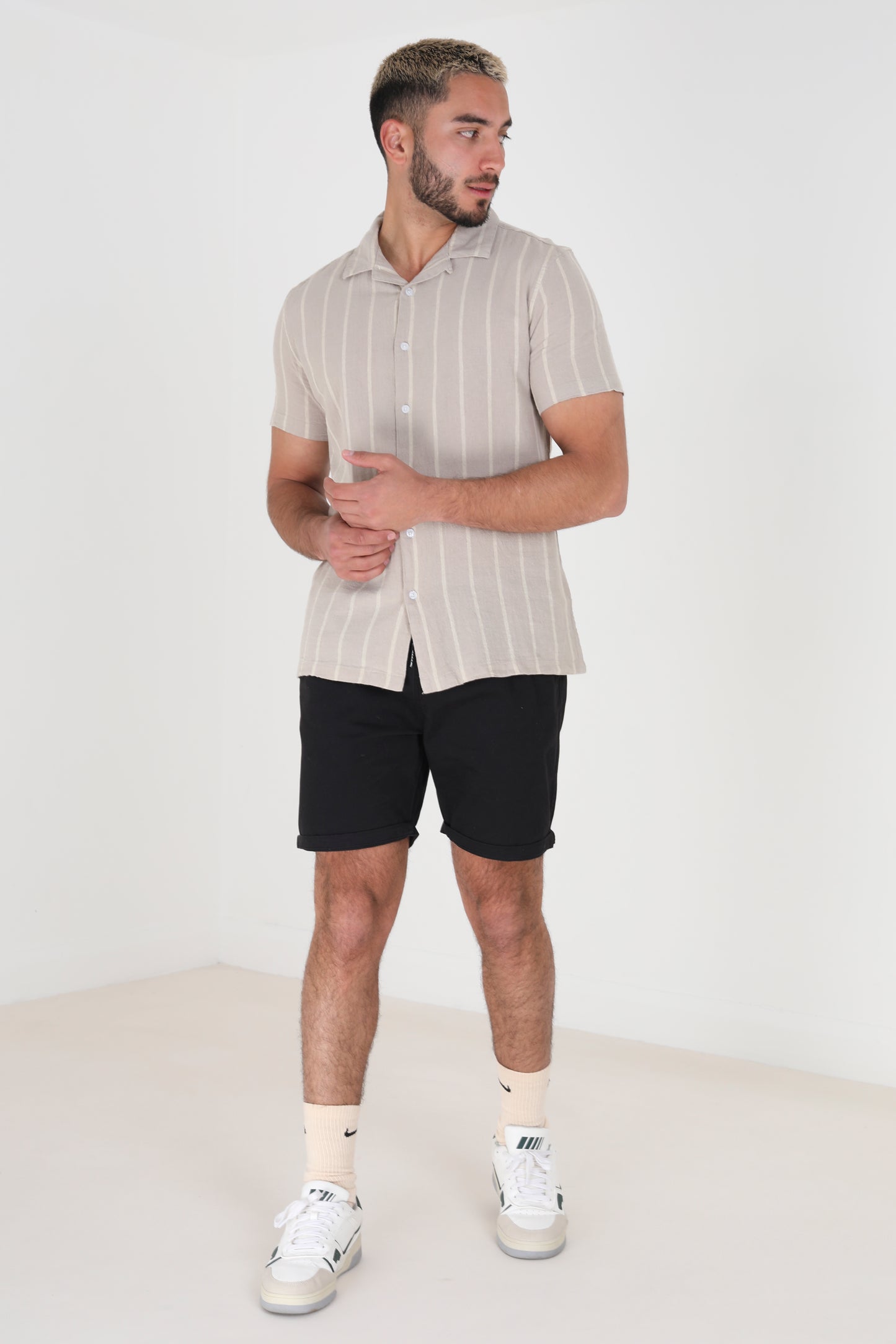 Brave Soul Stone Cotton Short Sleeve Stripe Shirt With Linen - Stone Image 3