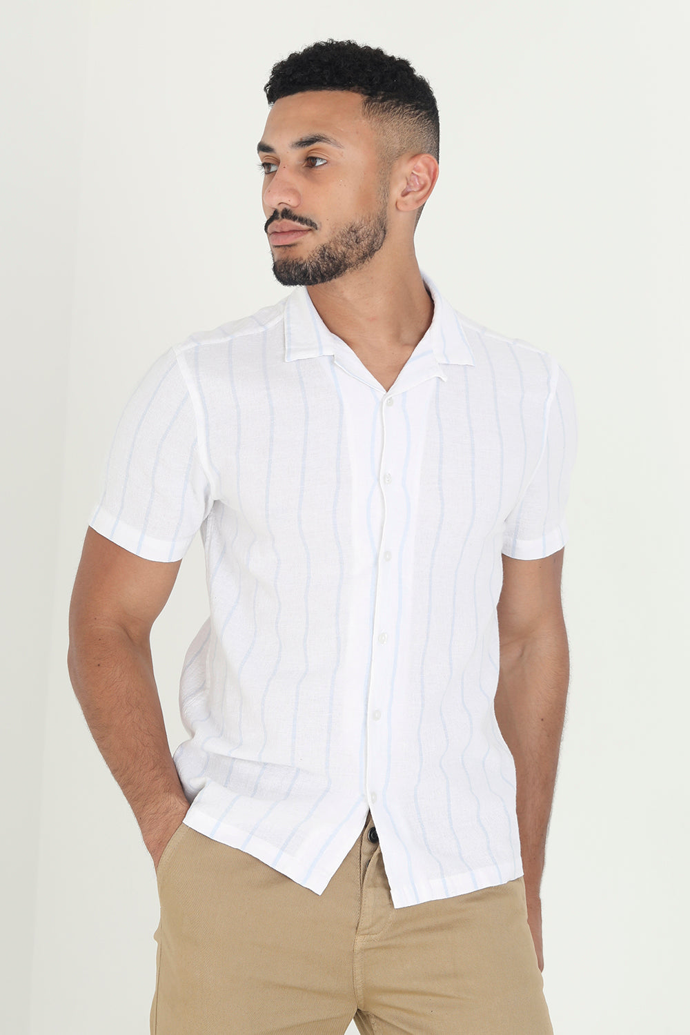 Brave Soul White Cotton Short Sleeve Stripe Shirt With Linen - White Image 1