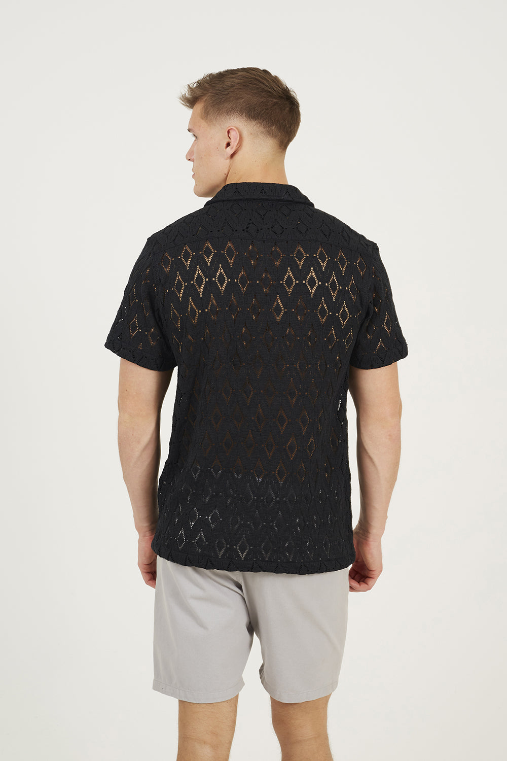 Brave Soul Black Geometric Crochet Short Sleeve Shirt - Black Image 2