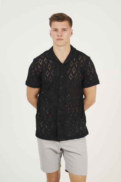 Brave Soul Black Geometric Crochet Short Sleeve Shirt - Black Image 1