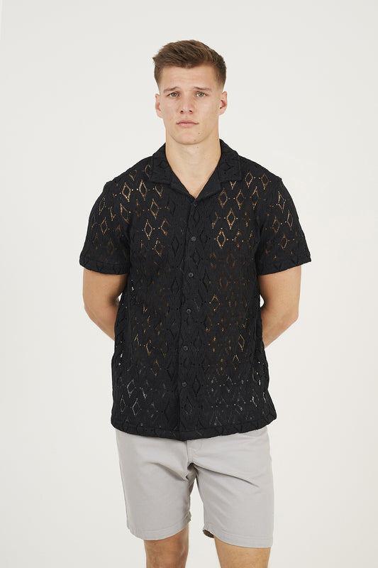 Brave Soul Black Geometric Crochet Short Sleeve Shirt - Black Image 1