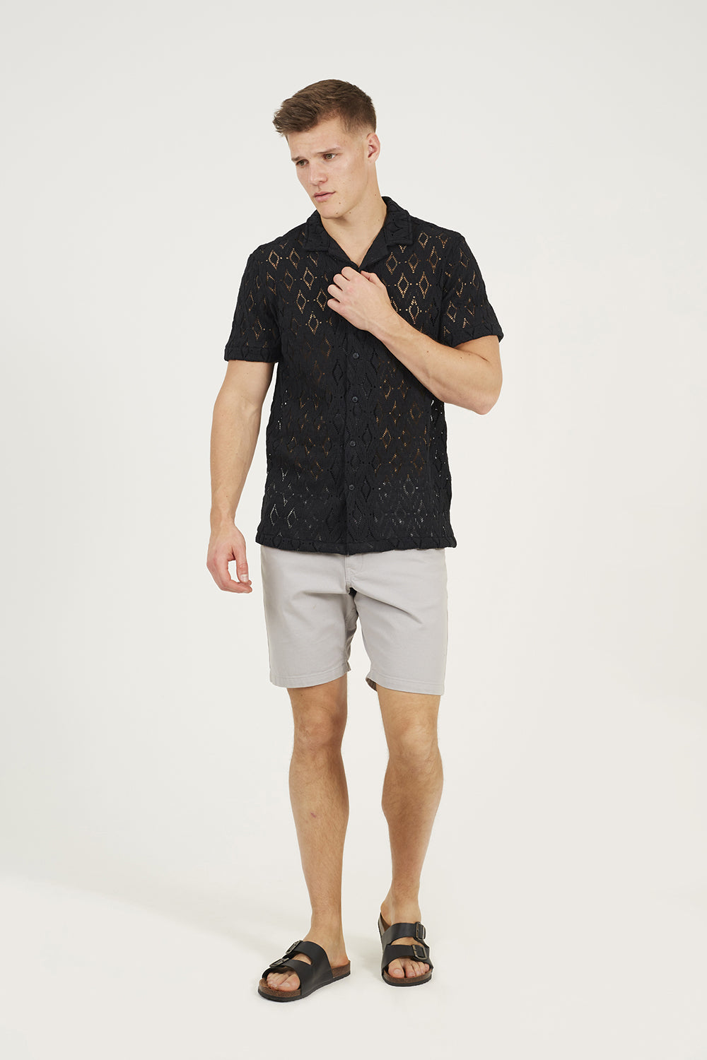 Brave Soul Black Geometric Crochet Short Sleeve Shirt - Black Image 3