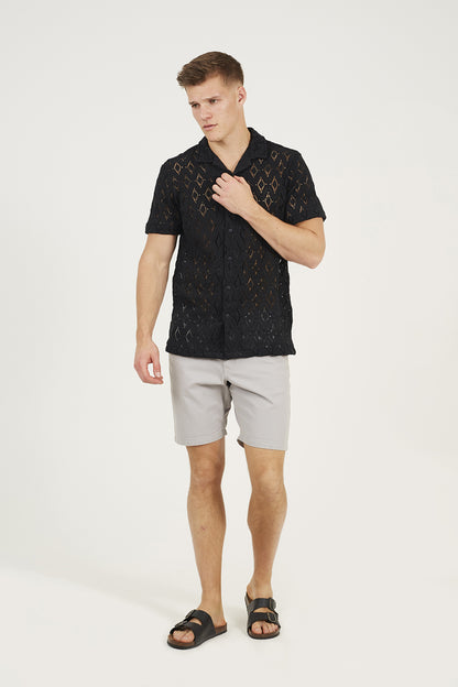Brave Soul Black Geometric Crochet Short Sleeve Shirt - Black Image 3