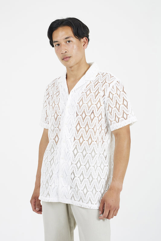 Brave Soul White Geometric Crochet Short Sleeve Shirt - White Image 1