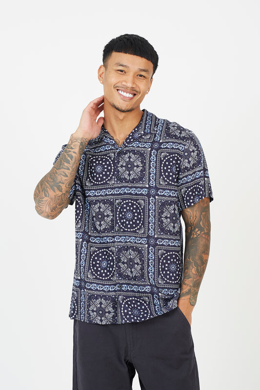 Brave Soul Navy Revere Collar Print Shirt - Navy Image 1