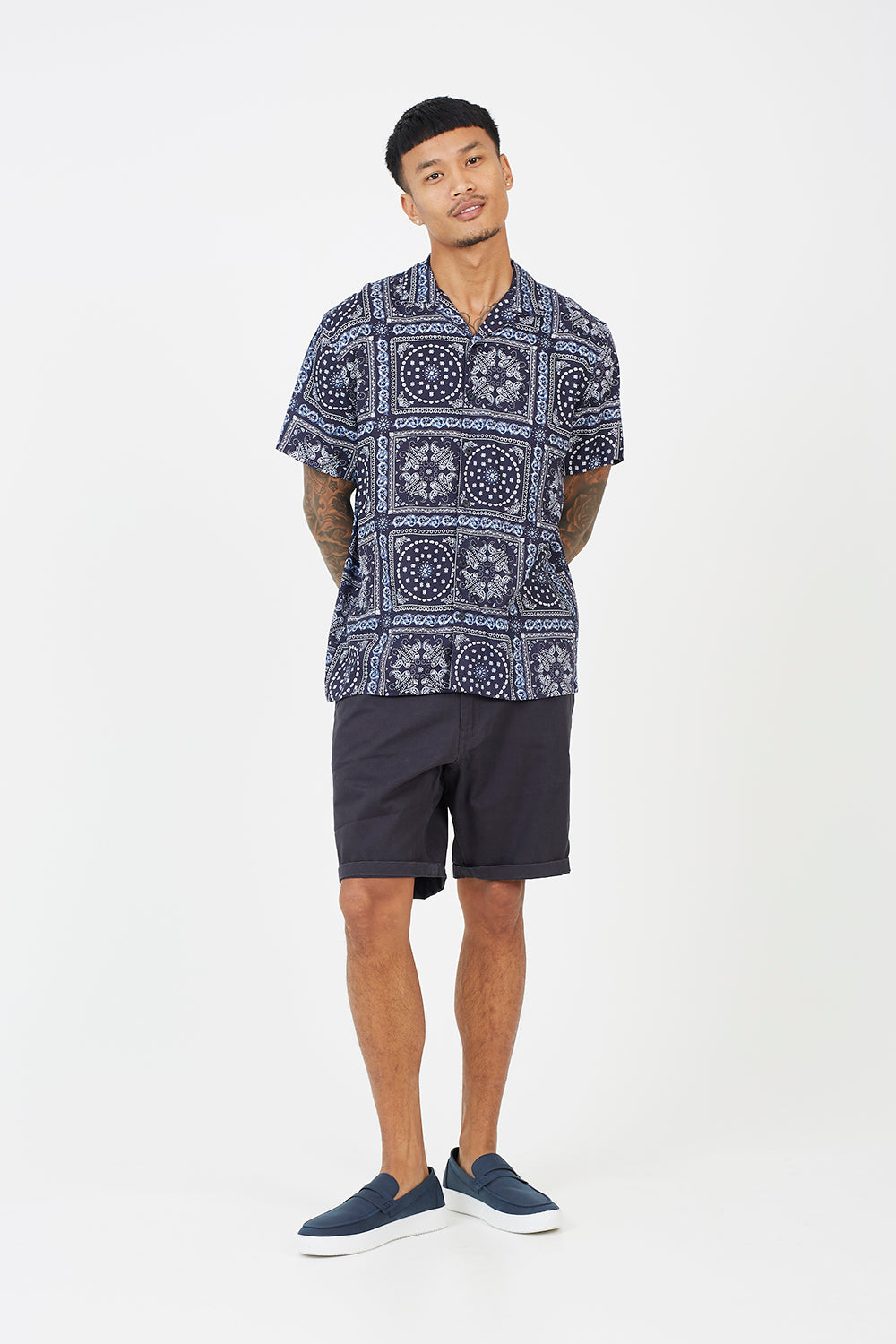 Brave Soul Navy Revere Collar Print Shirt - Navy Image 3