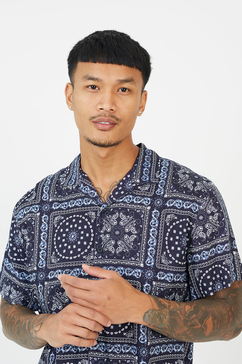 Brave Soul Navy Revere Collar Print Shirt - Navy Image 4