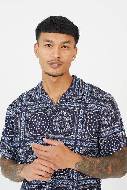 Brave Soul Navy Revere Collar Print Shirt - Navy Image 4