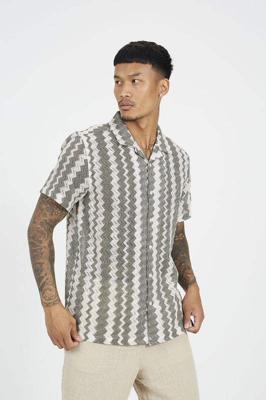 Brave Soul Natural Zig Zag Stripe Short Sleeve Shirt - Natural Image 1