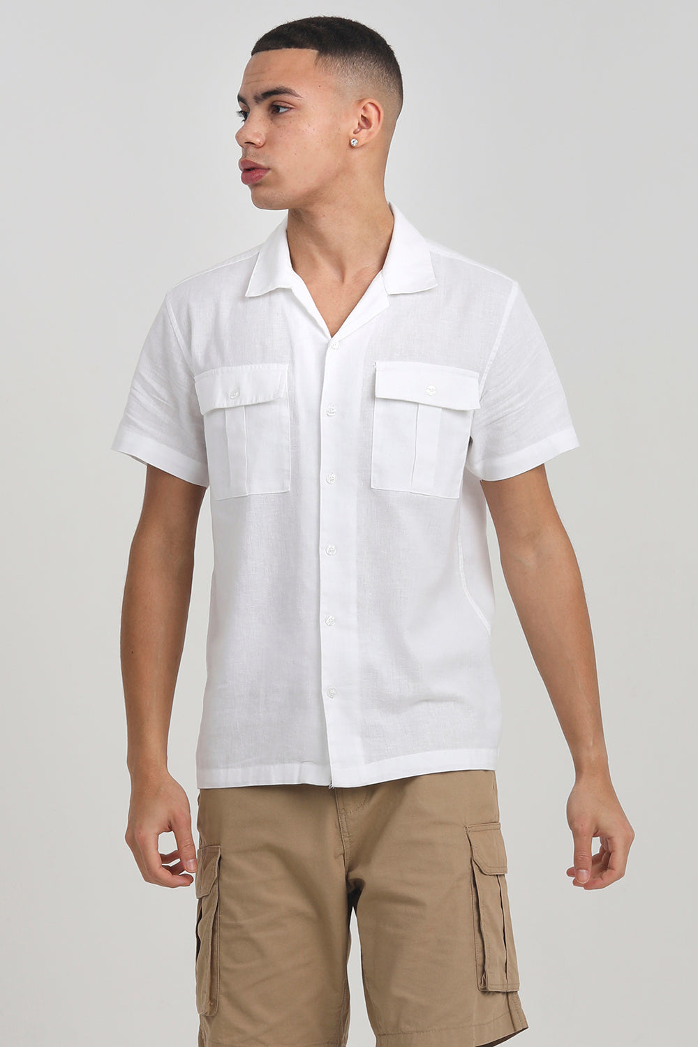 Brave Soul White Cotton Short Sleeve Revere Collar Shirt With Linen - White Image 1