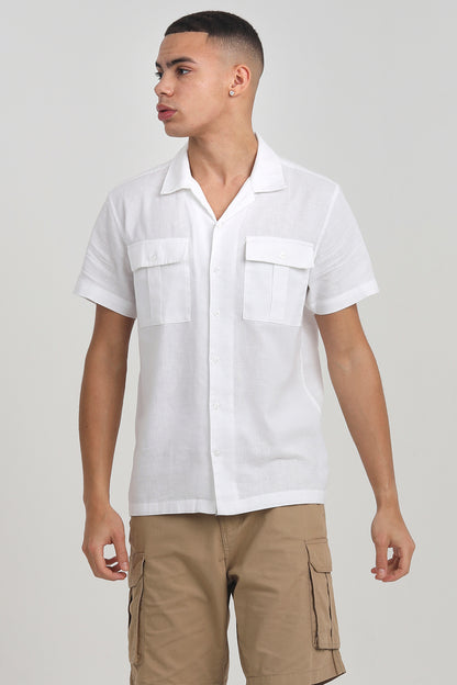 Brave Soul White Cotton Short Sleeve Revere Collar Shirt With Linen - White Image 1