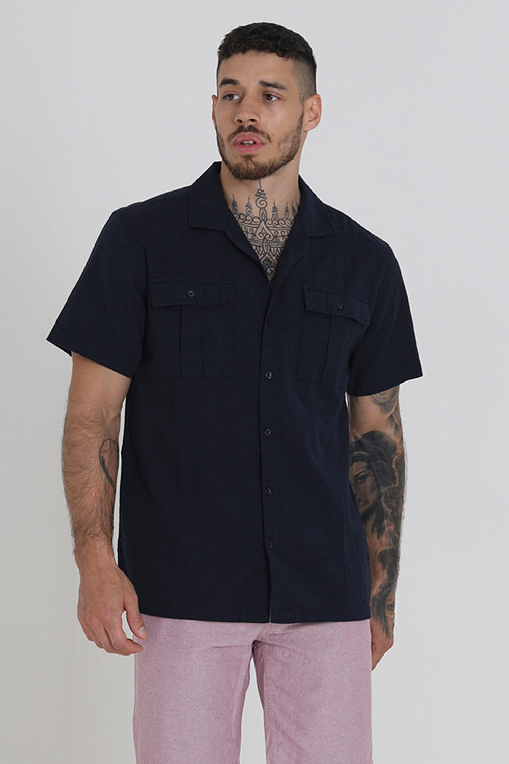 Brave Soul Navy Cotton Short Sleeve Revere Collar Shirt With Linen - Navy Image 1