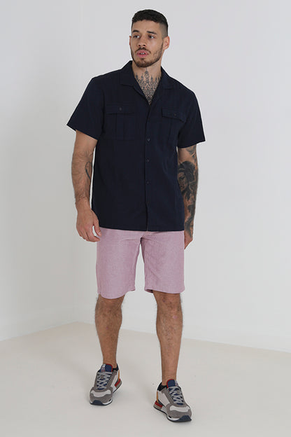 Brave Soul Navy Cotton Short Sleeve Revere Collar Shirt With Linen - Navy Image 3