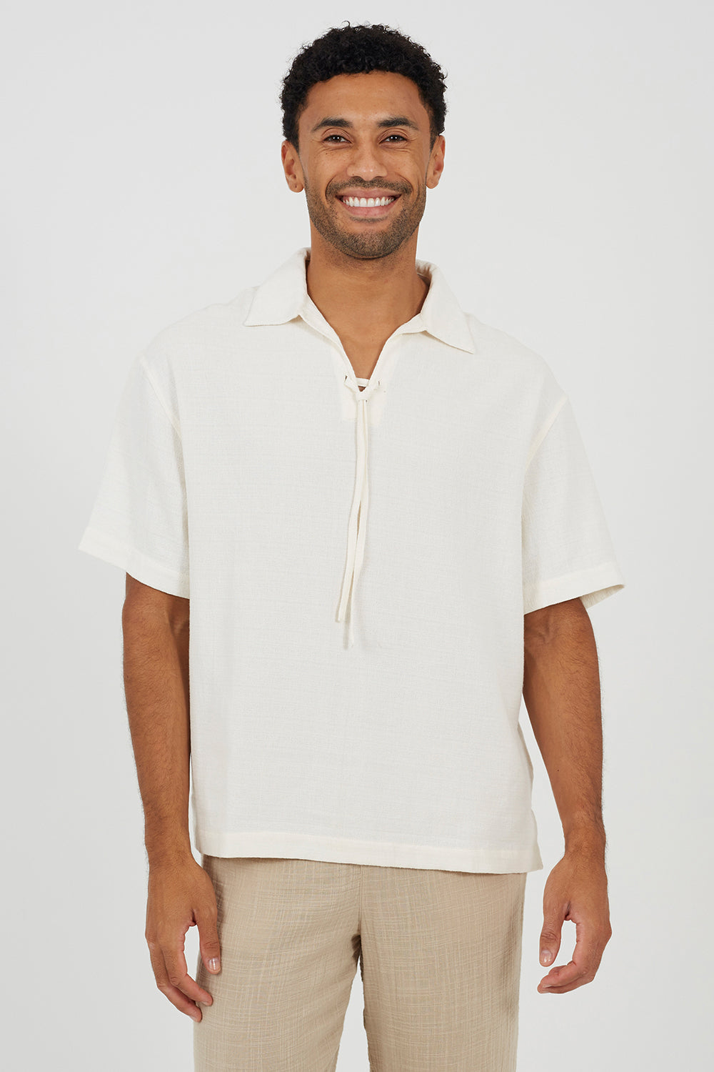 Brave Soul Cream Cotton Open Collar Shirt With Tie Detail - Cream Image 1