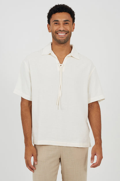 Brave Soul Cream Cotton Open Collar Shirt With Tie Detail - Cream Image 1