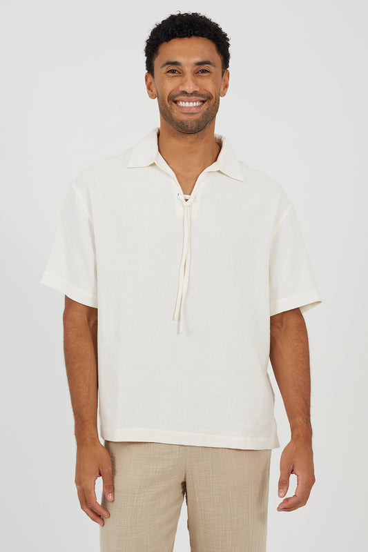 Brave Soul Cream Cotton Open Collar Shirt With Tie Detail - Cream Image 1