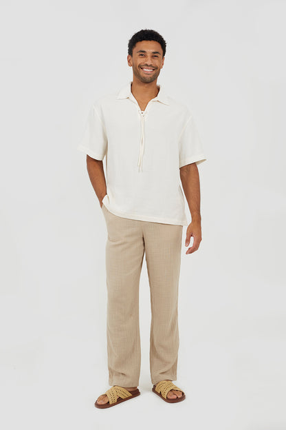 Brave Soul Cream Cotton Open Collar Shirt With Tie Detail - Cream Image 3
