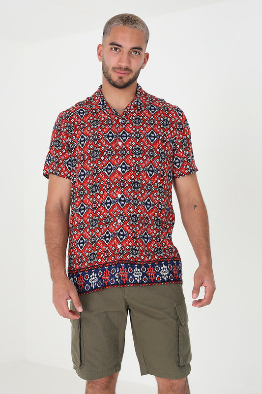 Brave Soul Red Revere Collar Print Shirt - Red Image 1