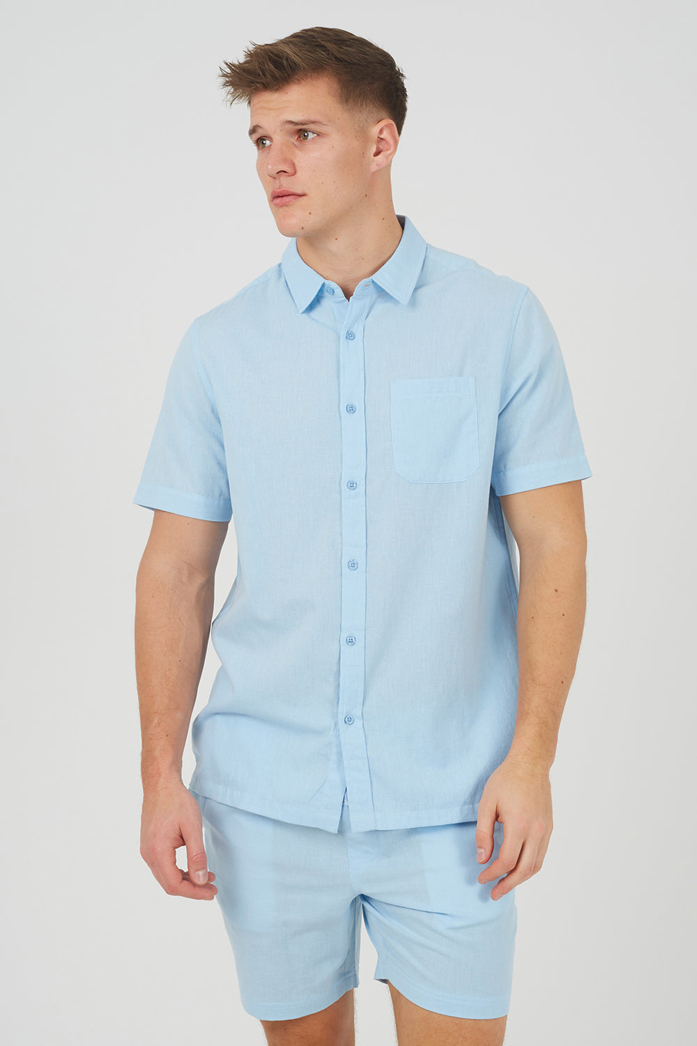 Brave Soul Light Blue Short Sleeve Button-Up Shirt with Chest Pocket - Light Blue Image 1