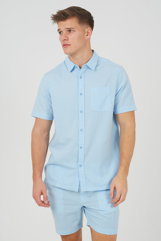 Brave Soul Light Blue Short Sleeve Button-Up Shirt with Chest Pocket - Light Blue Image 1