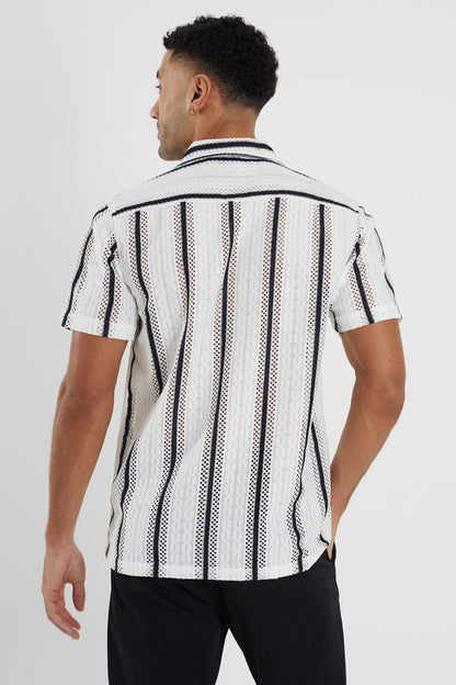 Brave Soul White Knitted Revere Collar Striped Shirt Sleeve Shirt - White Image 2