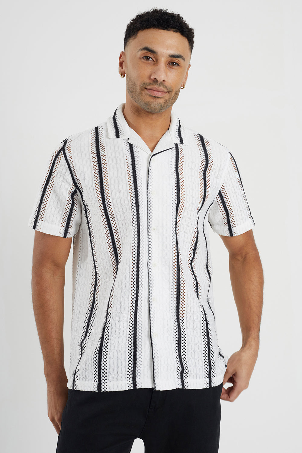 Brave Soul White Knitted Revere Collar Striped Shirt Sleeve Shirt - White Image 1