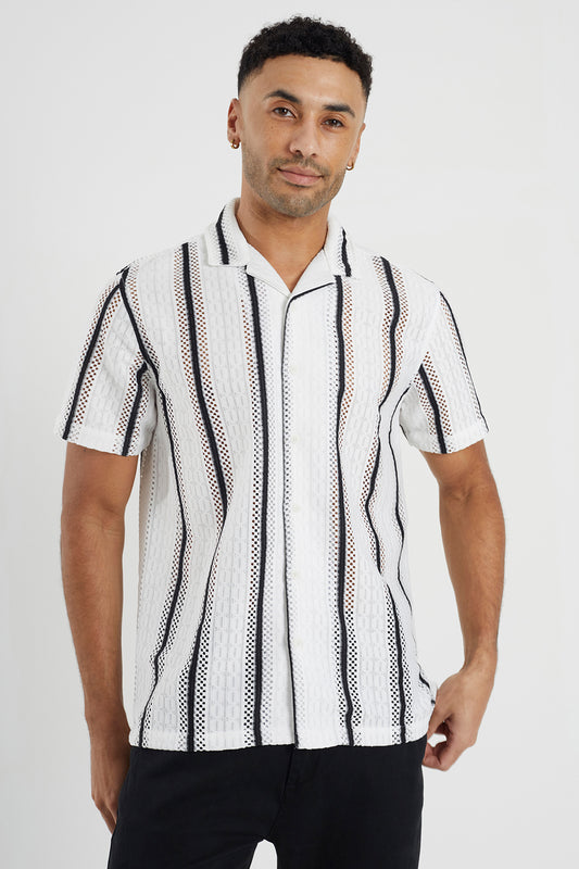Brave Soul White Knitted Revere Collar Striped Shirt Sleeve Shirt - White Image 1
