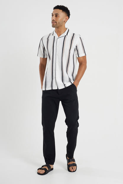 Brave Soul White Knitted Revere Collar Striped Shirt Sleeve Shirt - White Image 3