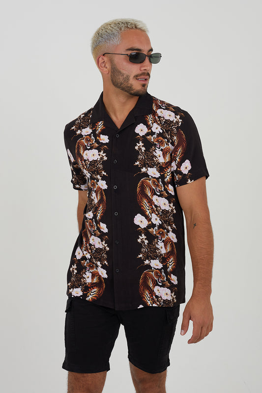 Brave Soul Black Revere Collar Print Shirt - Black Image 1