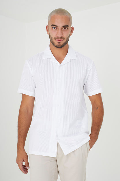 Brave Soul White Short Sleeve Fine Stripe Revere Collar Shirt - White Image 1