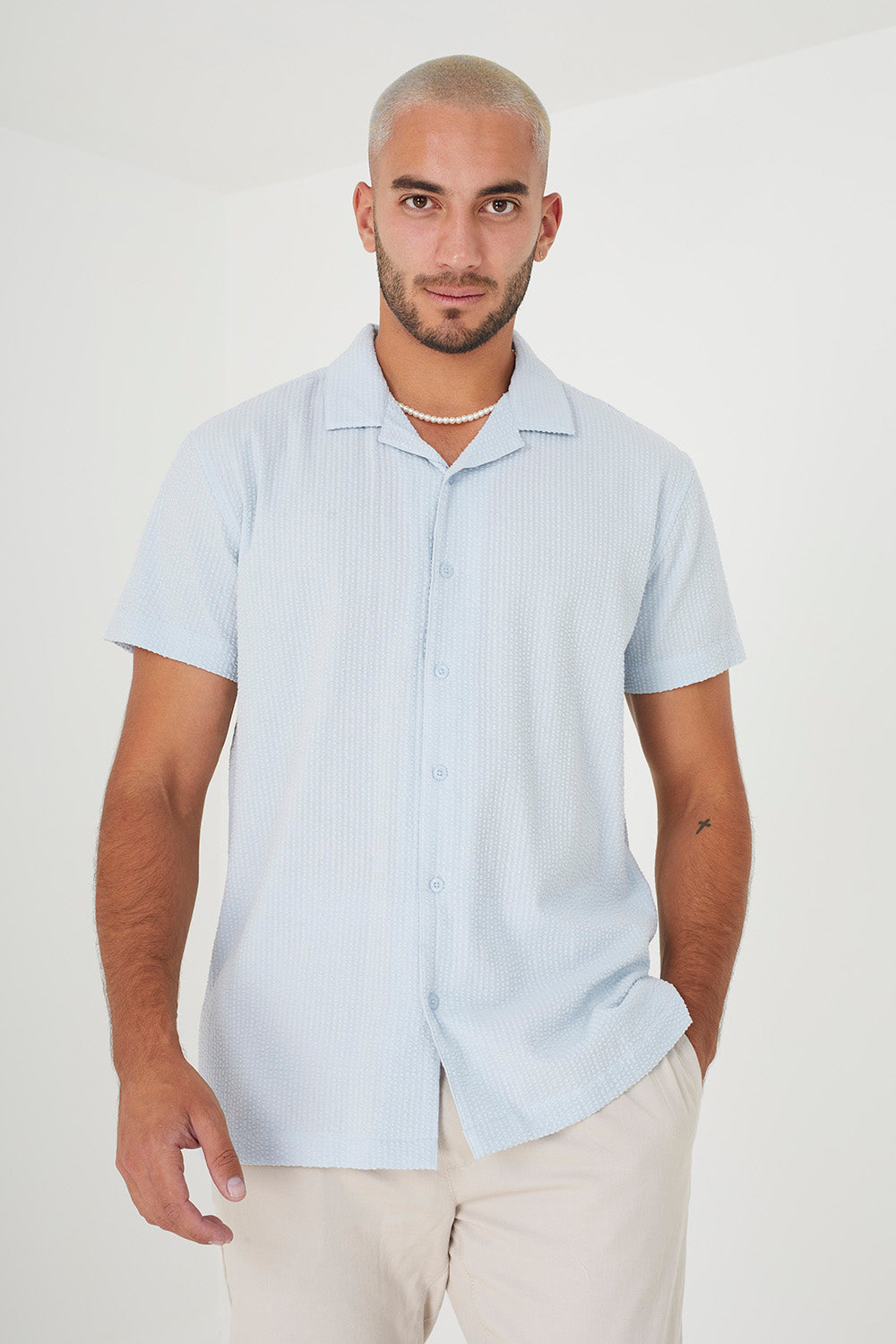 Brave Soul Pale Blue Short Sleeve Fine Stripe Revere Collar Shirt - Pale Blue Image 1