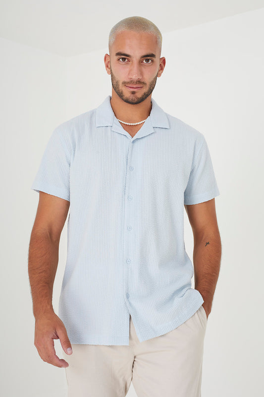 Brave Soul Pale Blue Short Sleeve Fine Stripe Revere Collar Shirt - Pale Blue Image 1