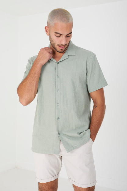 Brave Soul Green Short Sleeve Fine Stripe Revere Collar Shirt - Green Image 1
