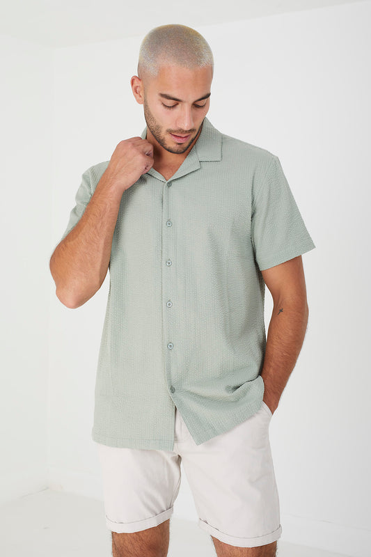 Brave Soul Green Short Sleeve Fine Stripe Revere Collar Shirt - Green Image 1