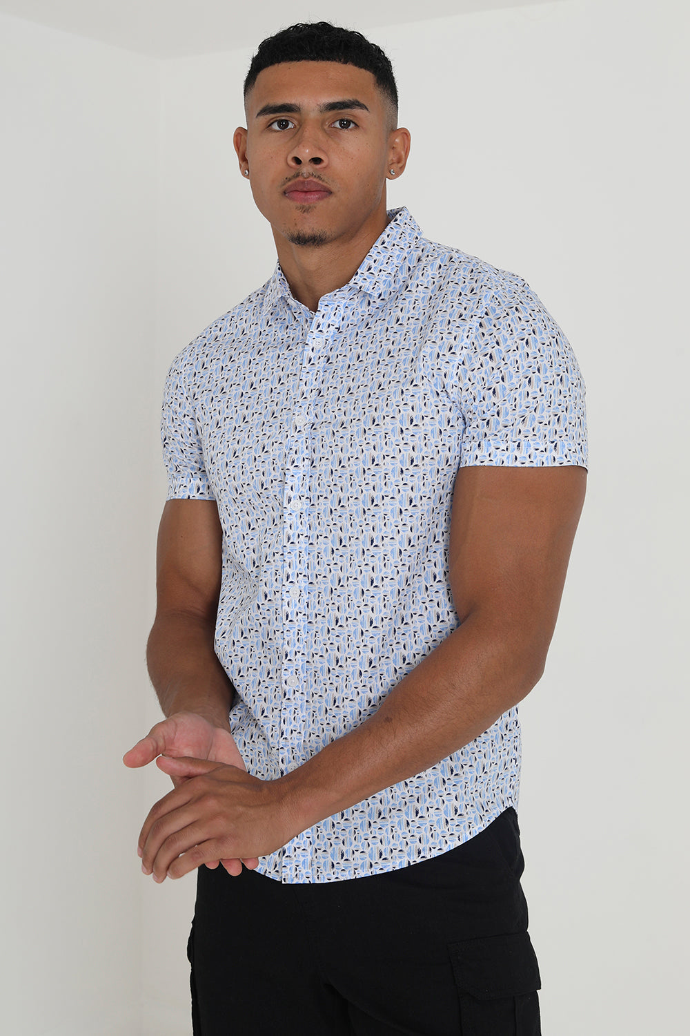 Brave Soul Blue Cotton Short Sleeve Print Shirt - Blue Image 1