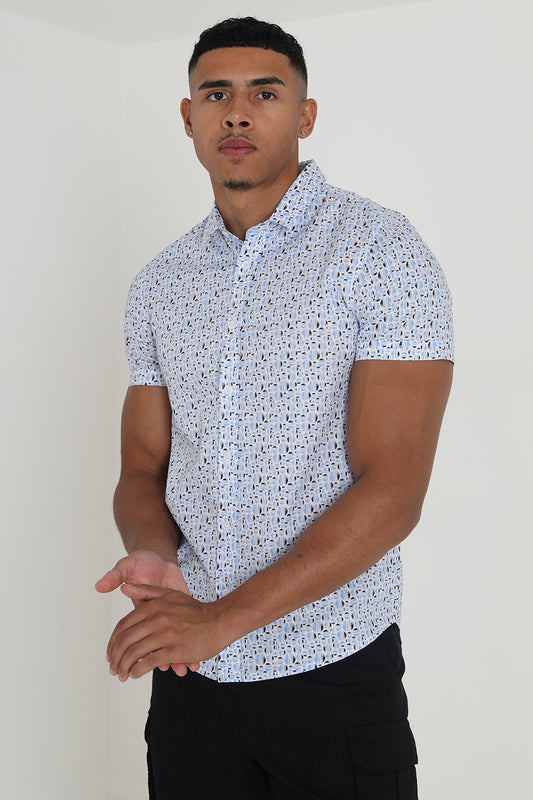 Brave Soul Blue Cotton Short Sleeve Print Shirt - Blue Image 1