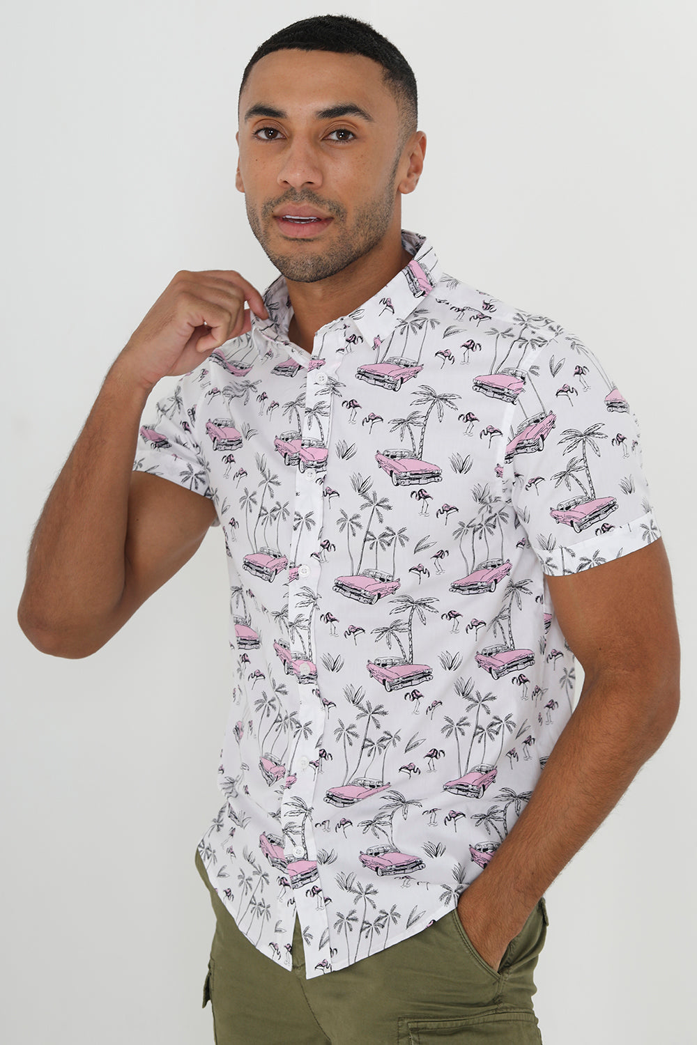 Brave Soul Promo White Cotton Short Sleeve Cadillac Print Shirt - White Image 1