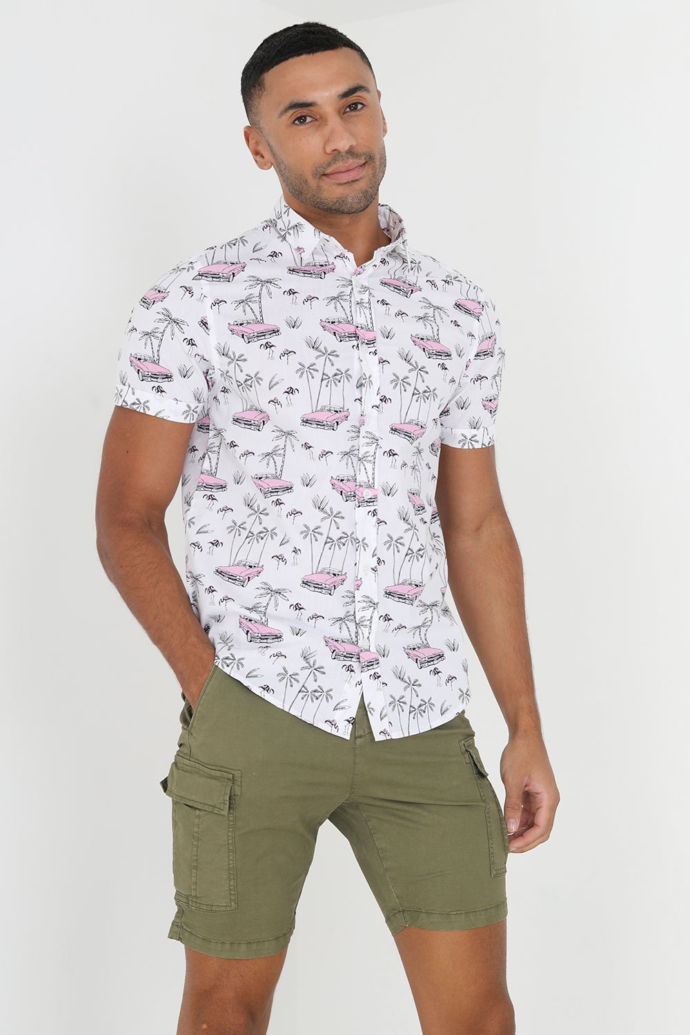 Brave Soul Promo White Cotton Short Sleeve Cadillac Print Shirt - White Image 3