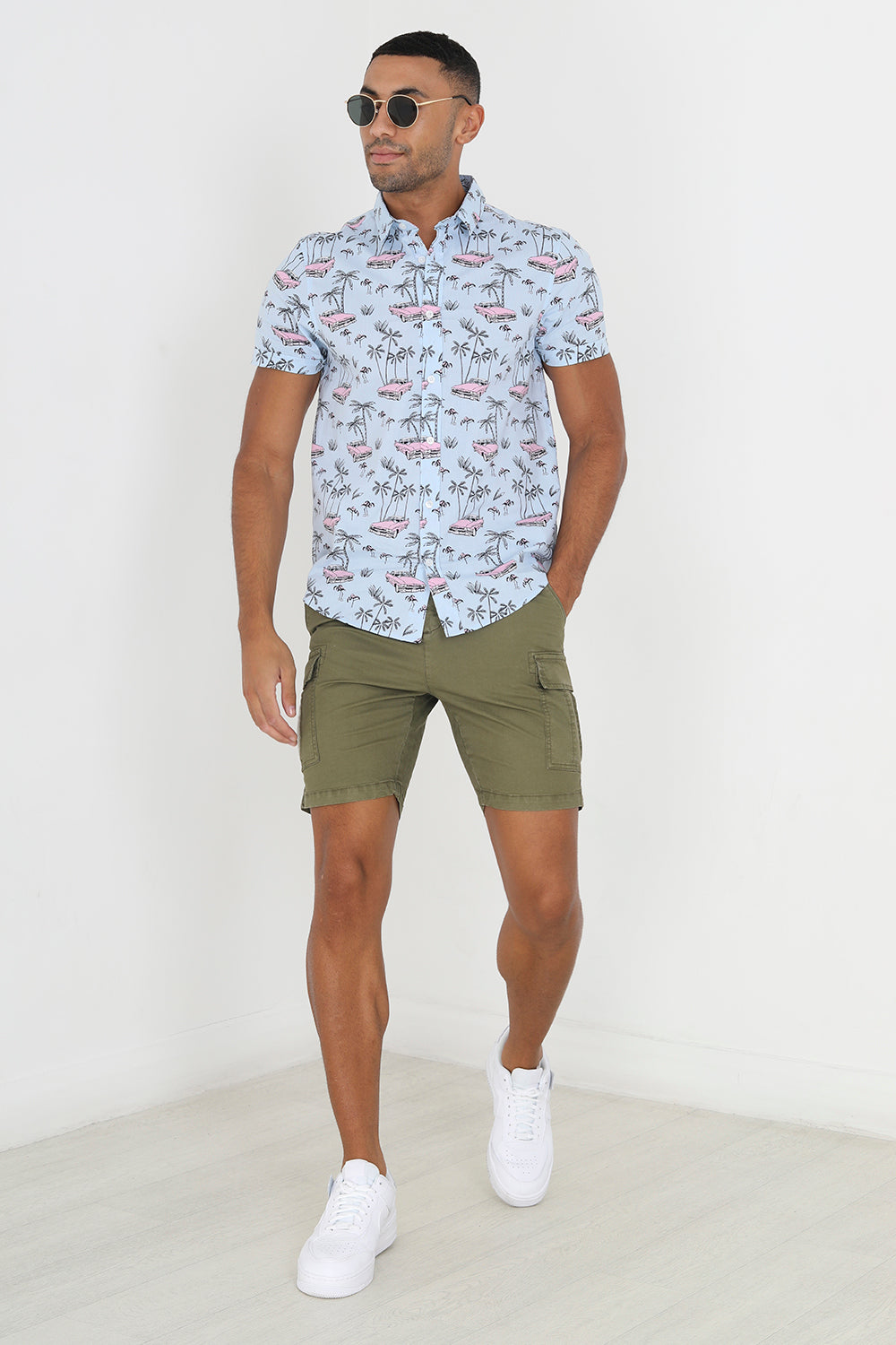 Brave Soul Baby Blue Cotton Short Sleeve Cadillac Print Shirt - Baby Blue Image 3