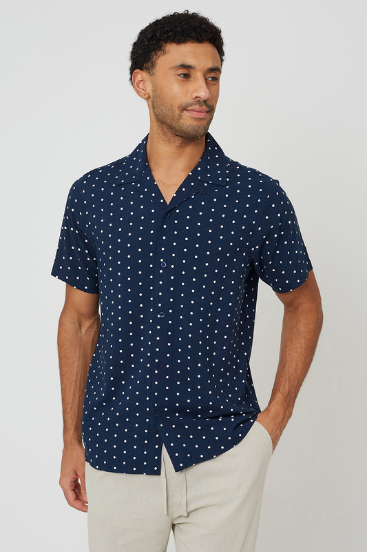 Brave Soul Navy Revere Collar Polka Dot Short Sleeve Shirt - Navy Image 1