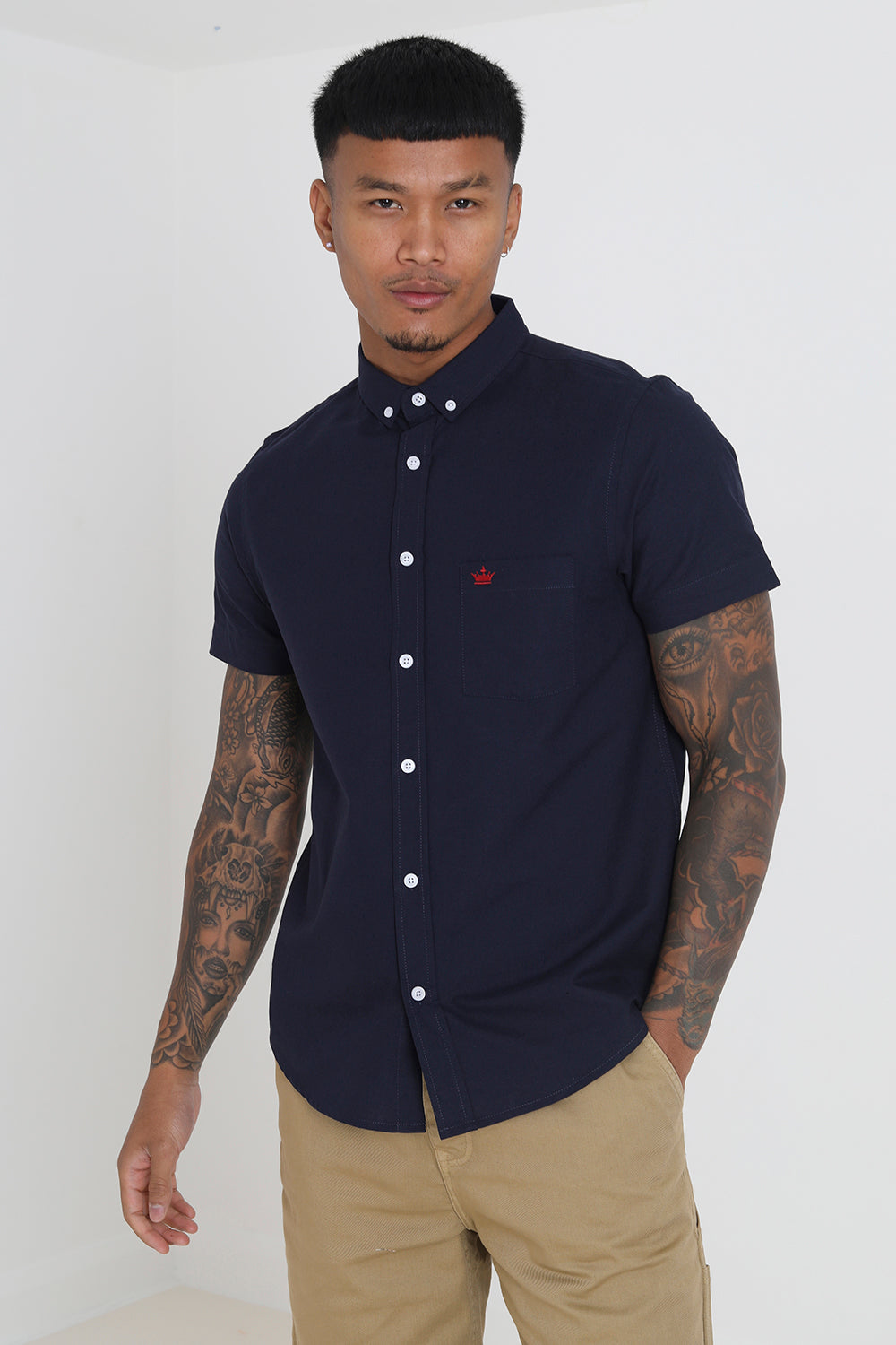 Brave Soul Navy Cotton Oxford Short Sleeve Shirt - Navy Image 1